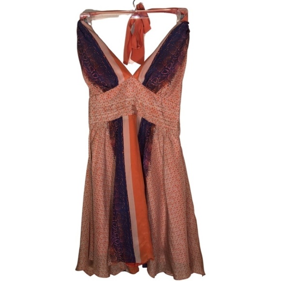 Guess “Hot Sand” Orange and Purple Silk Halter Fully Lined Dress Size 8 - Picture 4 of 12